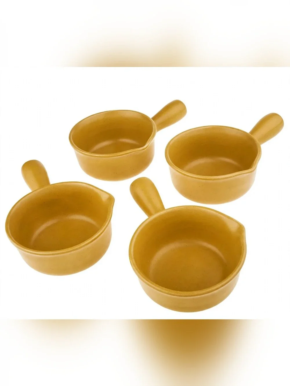 Technique Flame Set of 4 2-Cup Ceramic Soup Bowls w/ Handles Rare Mustard Yellow